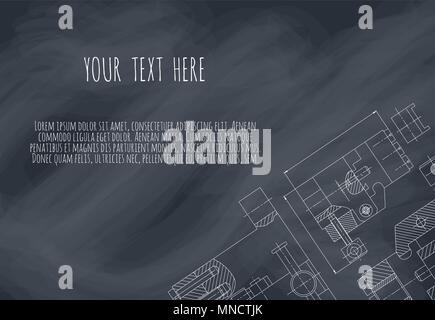 Mechanical Engineering drawing. Engineering Drawing Background. Drawing of mechanism on a board chalk. Vector Illustration Stock Vector