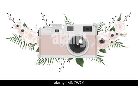 Vintage retro photo camera in flowers, leaves, branches on white background. Stock Vector
