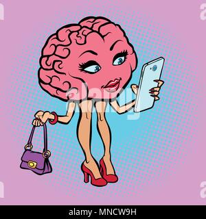 Character brain woman with a smartphone Stock Vector