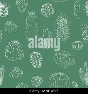 Cactuses seamless pattern, hand drawn vector illustration. outline sketch chalk style. Succulent collection. Stock Vector