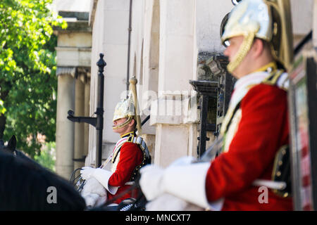 LONDON, UK - MAY 15th 2018:Traditional household cavalry guard in full uniform outside Hourse Guards Parade in Whitehall Stock Photo