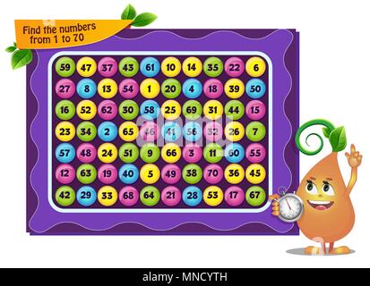 visual game for children and adults. Task game find the numbers from 1 to 70 Stock Vector