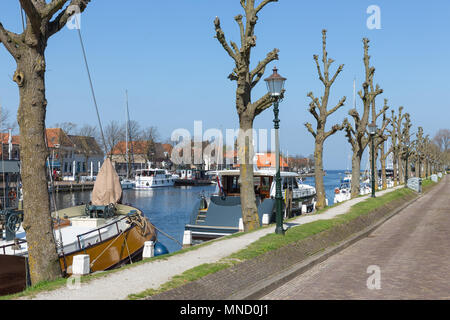 Harbor Dutch city Medemblik with old historical wooden sailing ship Stock Photo