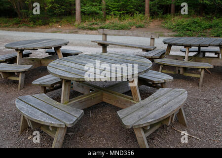 picnic benches in woodland Stock Photo