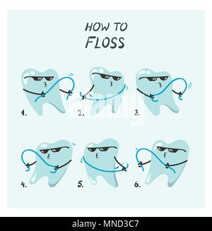 Vector how to illustration of flossing teeth in viral floss dance movement direction tutorial. Stock Vector