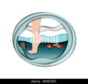 Vector illustration of monster under the bed - children and adults night fears concept - evil eyes looking to a leg stepping off the bed. Stock Vector