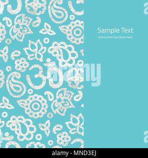 Vector card with realistic silver foil border with OM symbol and lotus mandala pattern on blue - template with copy space for cards, invitations and p Stock Vector