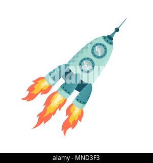 Retro rocket vector illustration, halftone and mid century comics graphic style spacecraft isolated on white, spaceship successfull startup with fire  Stock Vector