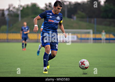 MINSK, BELARUS - MAY 14, 2018: Soccer player NOYOK ALEKSANDR fights for ball during the Belarusian Premier League football match between FC Dynamo Minsk and FC Luch at the Olimpiyskiy stadium. Stock Photo
