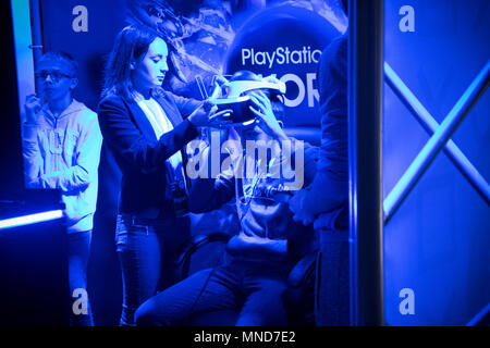 Belgrade, Serbia – December 16th 2017: Gamescon, gaming convention in Belgrade, a boy testing the Playstation VR Stock Photo