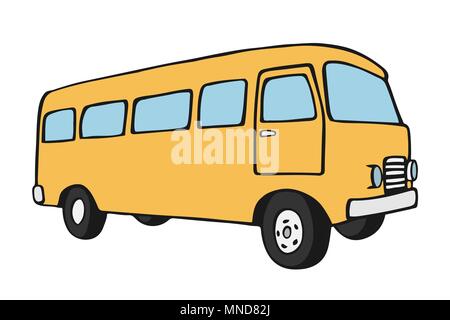 Retro travel yellow van icon. Surfer van. Vintage travel car. Old classic camper minivan. Retro hippie bus. Vector illustration in flat design isolate Stock Vector