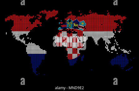 Dotted world map in Croatia flag colors isolated on black background. Stock Photo