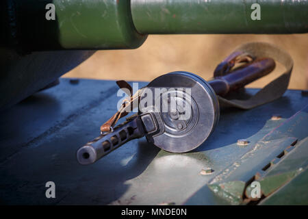 Submachine gun of Shpagin, PPSH is lies on the armor of a tank as an illustration to the events of the Second World War Stock Photo