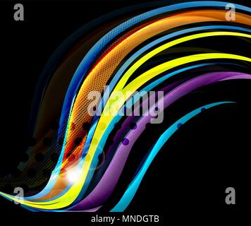 Rainbow color wavy lines on black background. Rainbow color wavy lines on black background. Minimalistic dark background with stripes and light effects Stock Vector