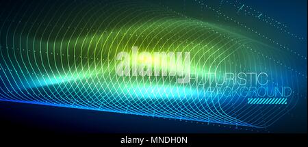 Hi-tech futuristic techno background, neon shapes and dots. Hi-tech futuristic techno background, neon shapes and dots. Technology connection, big data, dotted structure, blue green colors Stock Vector