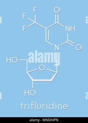 Trifidine Trifluridine (trifluorothymidine, TFT) antiviral drug molecule. Atoms ...