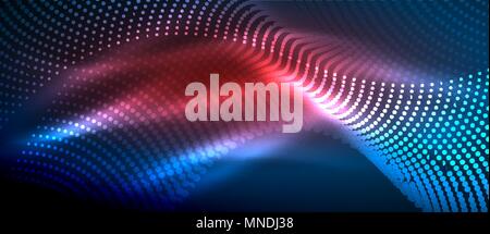 Glowing abstract wave on dark, shiny motion. Glowing abstract wave on dark, shiny motion, magic space light. Vector techno abstract background, blue and red colors Stock Vector