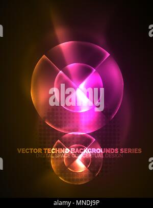 Circular glowing neon shapes, techno background. Circular glowing neon shapes, techno background. Abstract shiny transparent circles on dark technology space Stock Vector