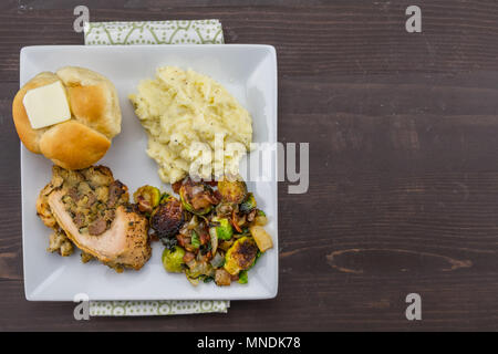 Square Thanksgiving Meal Plate with Copy Space to Right Stock Photo