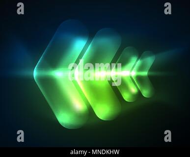Futuristic neon glowing arrows techno background. Futuristic neon glowing arrows techno background, abstract 3d technology lines. Transparent direction shapes on color backdrop. Geometric minimal abstract background with light effects Stock Vector
