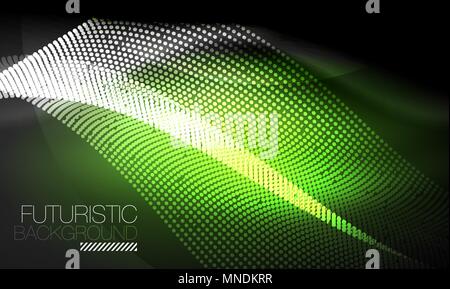 Smooth neon wave. Smooth smoke particle wave, big data techno background with glowing flowing elements, hi-tech concept Stock Vector