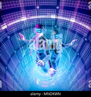 Virtual reality datasphere teamwork / 3D illustration of male and female figures in virtual gear working together in glowing cyber environment Stock Photo