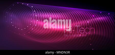 Hi-tech futuristic techno background, neon shapes and dots. Hi-tech futuristic techno background, neon shapes and dots. Technology connection, big data, dotted structure, pink and purple colors Stock Vector