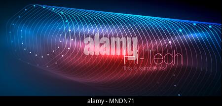 Hi-tech futuristic techno background, neon shapes and dots. Hi-tech futuristic techno background, neon shapes and dots. Technology connection, big data, dotted structure, blue red colors Stock Vector