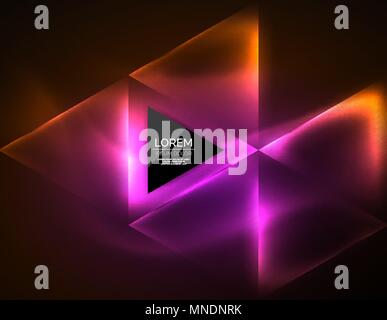 Color neon glowing triangles, abstract background. Color neon glowing triangles, abstract background. Vector techno glowing space with triangles and your message. Hi-tech wallpaper Stock Vector
