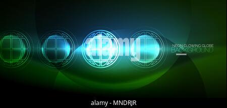 Techno globe concept, neon glow planet. Techno globe concept, neon glow planet on dark abstract color background, light effects Stock Vector