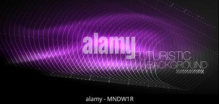 Hi-tech futuristic techno background, neon shapes and dots. Hi-tech futuristic techno background, neon shapes and dots. Technology connection, big data, dotted structure, purple color Stock Vector