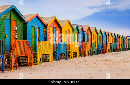 Row of colorful bathing huts in Muizenberg beach, Cape Town, South Africa Stock Photo