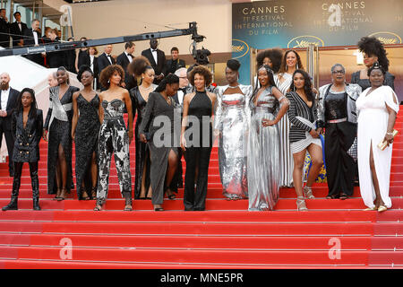 Cannes, France. 16th May, 2018. Cannes Film Festival Director Thierry Fremaux and jury member Khadja Nin stand behind (L-R) Shirley Souagnon, Karidja Toure, Assa Sylla, Sonia Rolland, Magaajyia Silberfeld, Mata Gabin, Eye Haidara, Rachel Khan, Aissa Maiga and Nadege Beausson-Diagne authors of the book 'Noire n'est pas mon métier (Black is not my job)' at the 'Burning' premiere during the 71st Cannes Film Festival at the Palais des Festivals on May 16, 2018 in Cannes, France. Credit: John Rasimus/Media Punch ***FRANCE, SWEDEN, NORWAY, DENARK, FINLAND, USA, CZECH REPUBLIC, SOUTH AMERICA ONLY***  Stock Photo