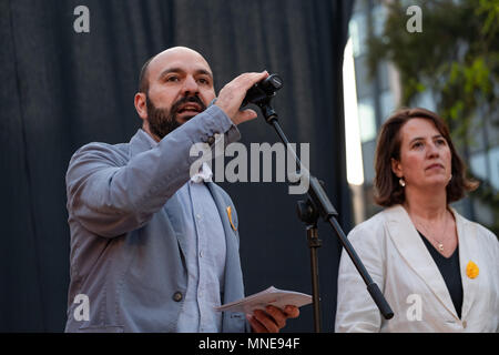 Marcel Mauri, president of Òmnium, is seen on stage during his participation next to Elisenda Paluzie, president of ANC. Act of protest to request the release of political prisoners Jordi Sànchez and Jordi Cuixart who have been in prison for seven months. It is the circumstance that it has been the first act in Catalonia of the president-elect of the Generalitat Qim Torra who has attended the rally. Stock Photo