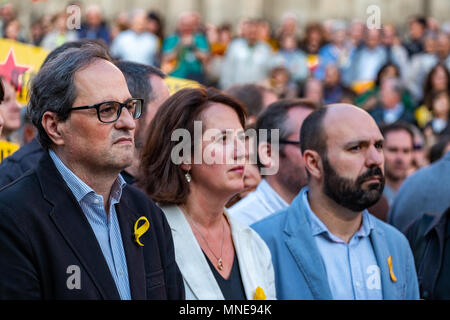 President Qim Torra is seen next to Elisenda Paluzie (ANC) and Marcel Mauri (Òmnium)..Act of protest to request the release of political prisoners Jordi Sànchez and Jordi Cuixart who have been in prison for seven months. It is the circumstance that it has been the first act in Catalonia of the president-elect of the Generalitat Qim Torra who has attended the rally. Stock Photo