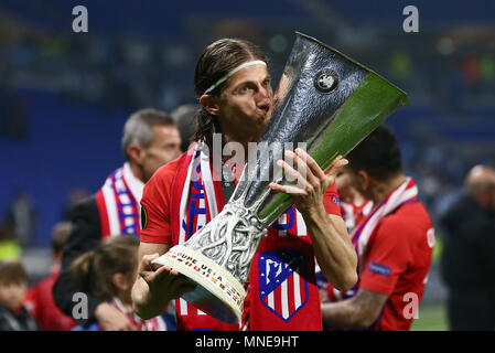 Filipe Luis of Atletico Madrid kisses Europa Cup Trophy during the UEFA Europa League Final ...