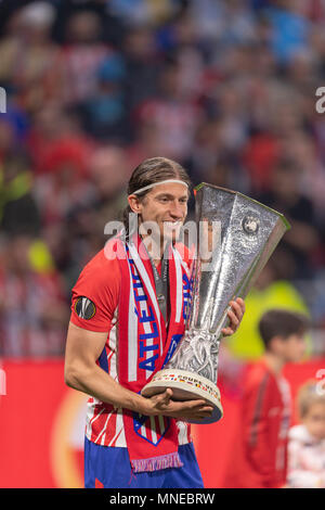 Filipe Luis Kasmirski of Atletico de Madrid during the Uefa 'Europa League' Final, match between Olympique de Marseille 0-3 Atletico de Madrid at Stade de Lyon on May 16, 2018 in Lyon, Italy. Credit: Maurizio Borsari/AFLO/Alamy Live News Stock Photo