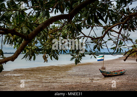 Bunce Island, Sierra Leone - June 02, 2013: West Africa, boats in the Bunce Island, was a British slave trading post in the 18th century. Sierra leone Stock Photo