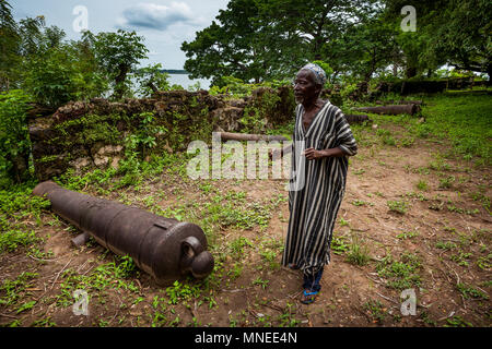 Bunce Island, Sierra Leone - June 02, 2013: West Africa, unknown person at the old slave prisons, Bunce Island was a British slave trading post in the Stock Photo