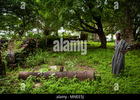 Bunce Island, Sierra Leone - June 02, 2013: West Africa, unknown person at the old slave prisons, Bunce Island was a British slave trading post in the Stock Photo