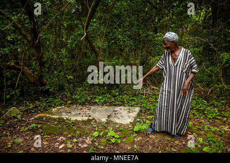 Bunce Island, Sierra Leone - June 02, 2013: West Africa, unknown person at the old slave prisons, Bunce Island was a British slave trading post in the Stock Photo