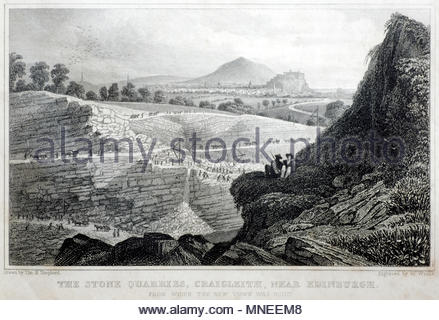 The Stone Quarries, Craigleith near Edinburgh, antique engraving from 1829 Stock Photo