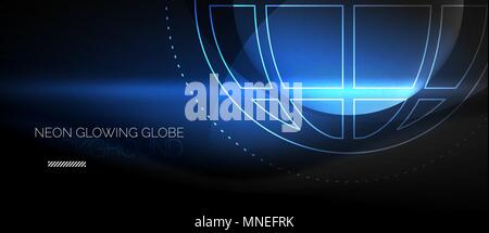 Techno globe concept, neon glow planet. Techno globe concept, neon glow planet on dark abstract color background, light effects Stock Vector