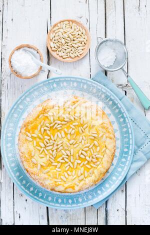 Ricotta crostata with pine nuts (seen from above) Stock Photo