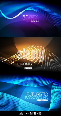 Set of neon glowing waves and lines, shiny light effect digital techno motion backgrounds. Collection of dark space magic vector illustrations. Set of neon glowing waves and lines, shiny light effect digital techno motion backgrounds. Collection of dark space magic vector templates Stock Vector