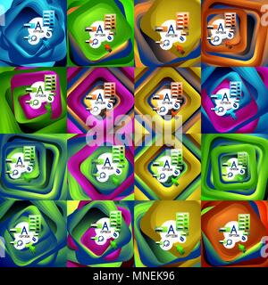 Set of rotating swirl square backgrounds, color rectangles with stepping blending effect with sample infographics or slogan. Business presentation templates.. Set of rotating swirl square backgrounds, color rectangles with stepping blending effect with sample infographics or slogan. Business presentation templates. Vector abstract backgrounds with 3d square effect for report cover design, book front page design, geometrical poster, business or party flyer, website or advertising banner Stock Vector