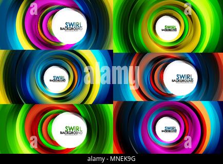 Set of spiral swirl line backgrounds. Set of spiral swirl line backgrounds, business or techno digital template for presentation or web, multicolored and blue colors Stock Vector