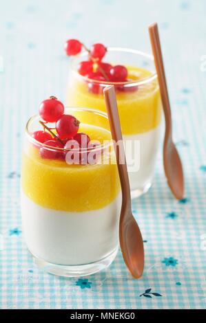 Panna cotta with mango and red currants Stock Photo