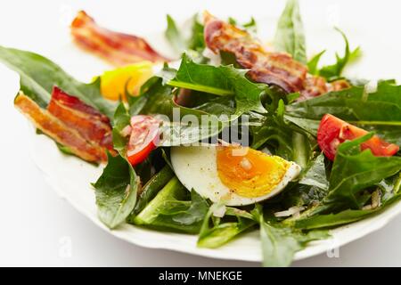 Dandelion leaf salad with tomatoes, hard-boiled eggs and fried bacon Stock Photo