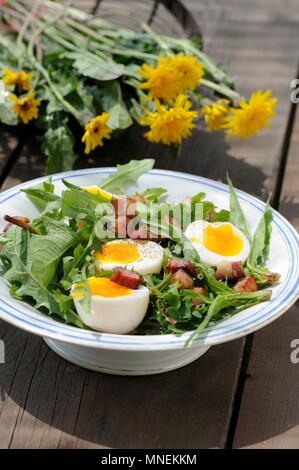 Spring salad with egg, dandelions and diced bacon Stock Photo